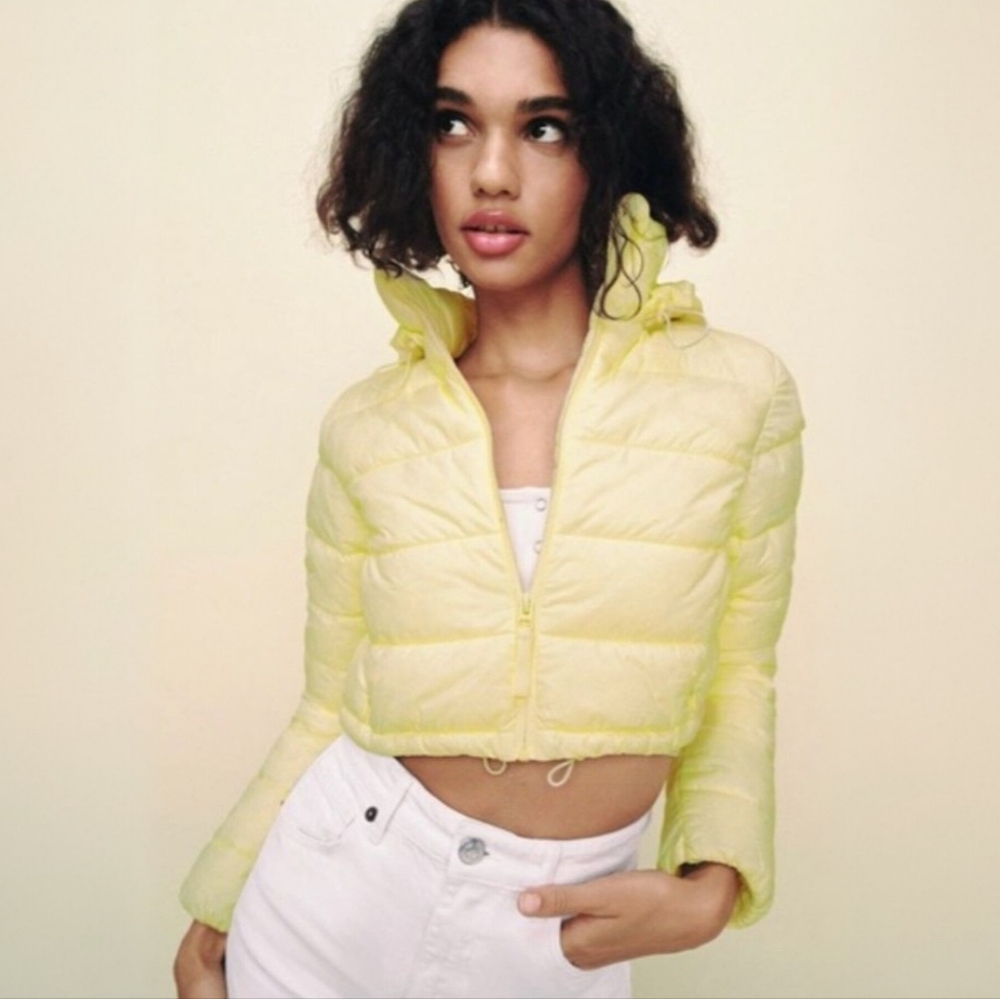 NWT Zara Water Repellant Cropped Puffer Jacket Yellow